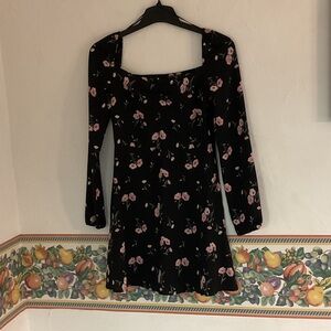 H&M Divided Long Puff Sleeve Floral Dress, Size 4, Black/Pink
